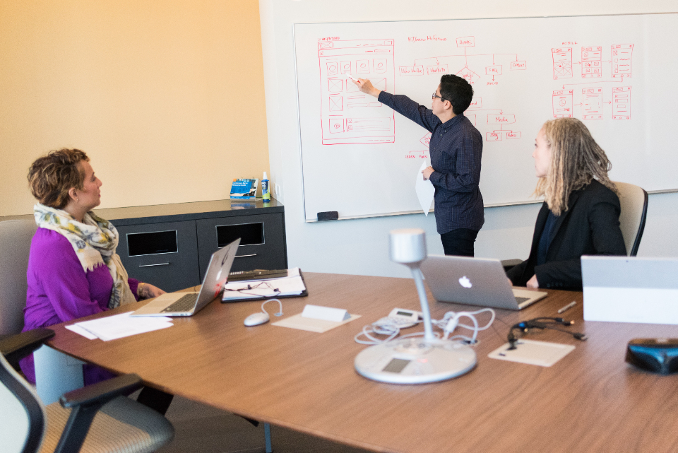 Engineers and client staff meet around a whiteboard in a corporate office.